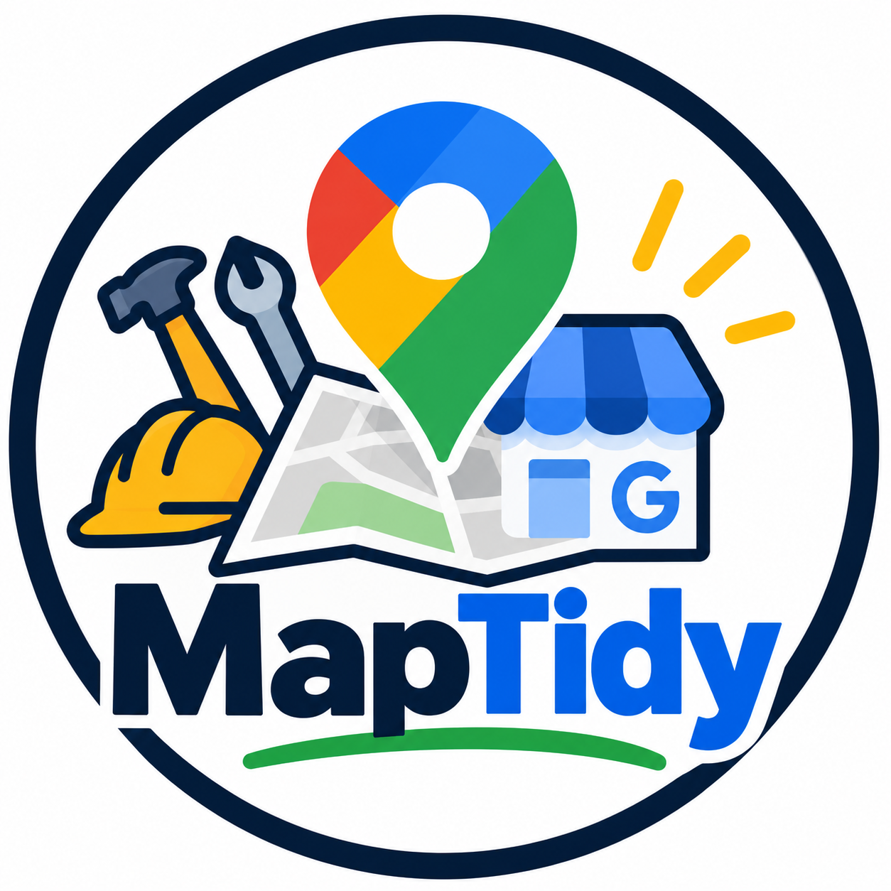 MapTidy logo: a colourful map pin above a map, local trades tools and shopfront